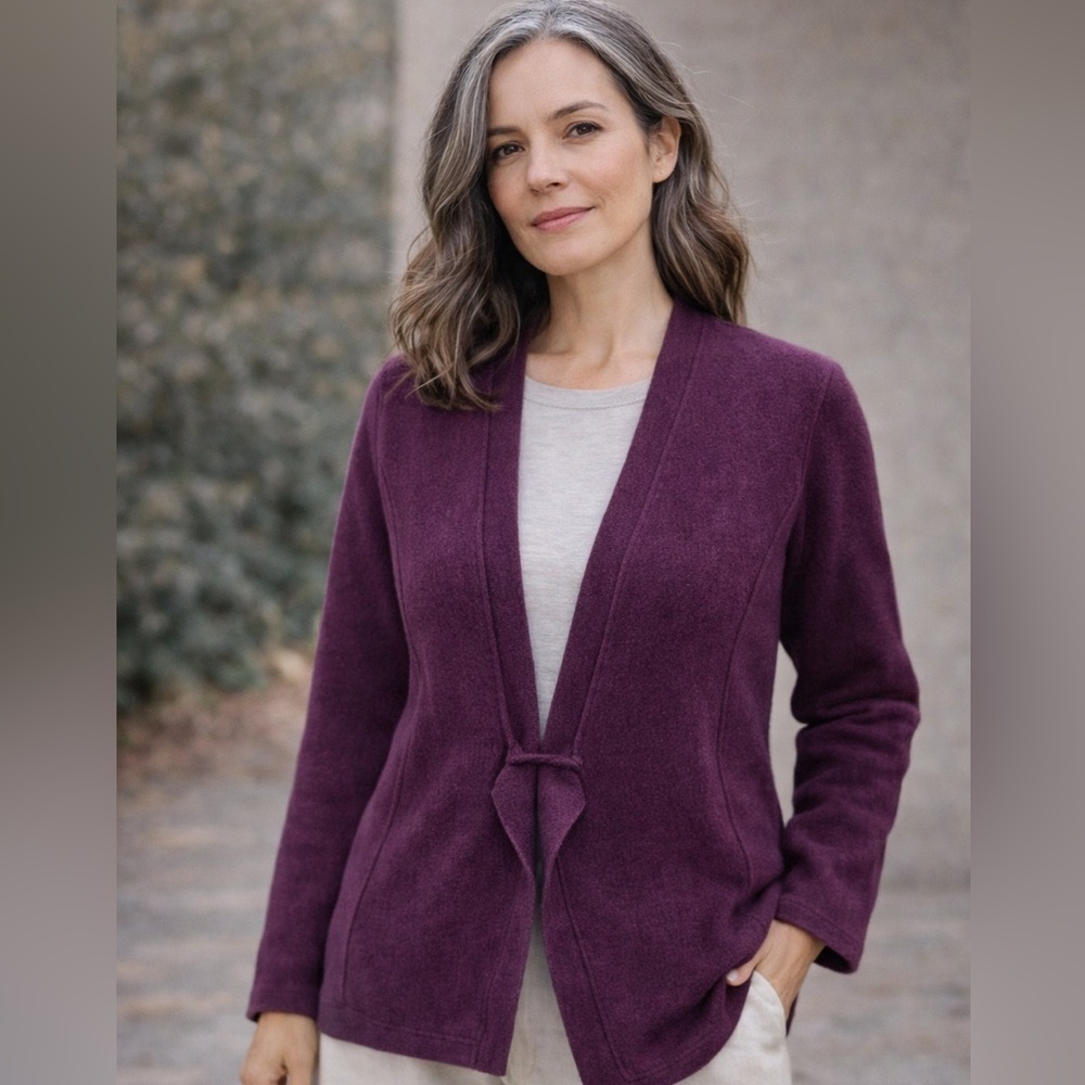 Eileen Fisher Aubergine Boiled Wool Cardigan LP Petite